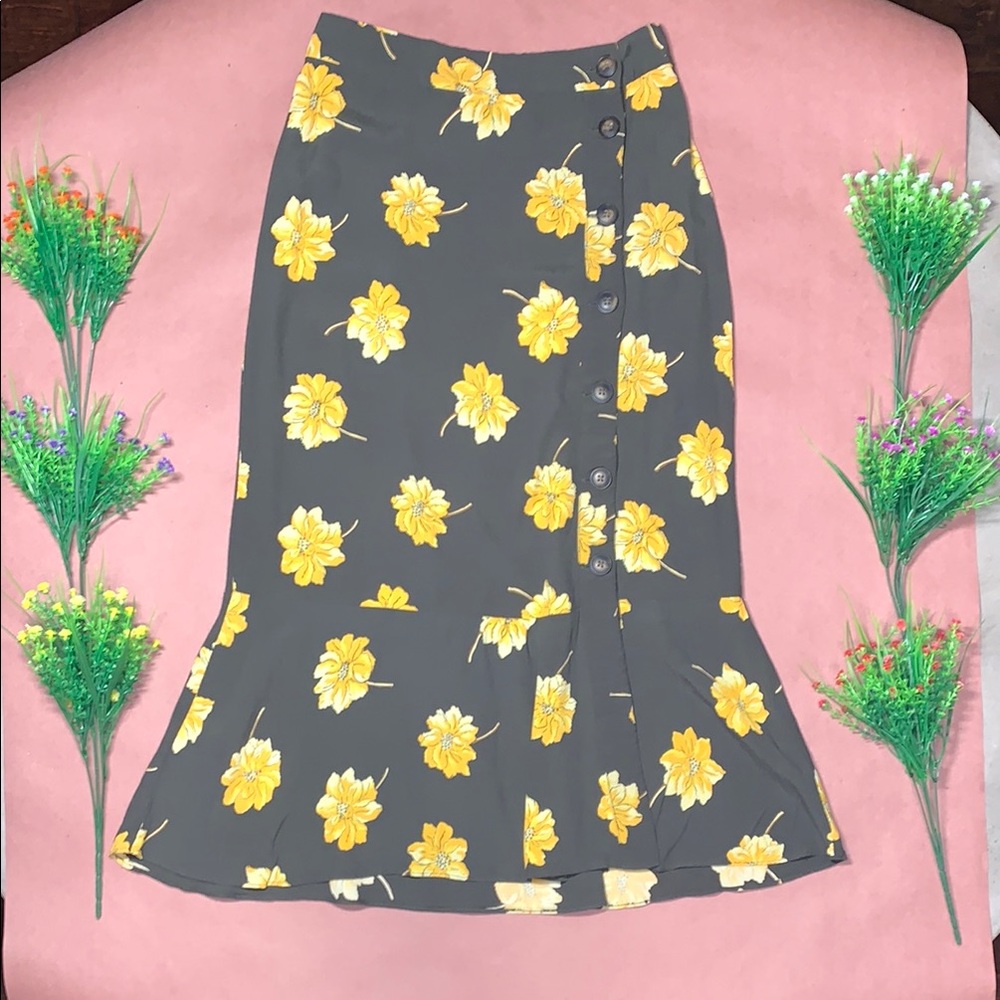 Madewell Green and Yellow Floral Midi Skirt